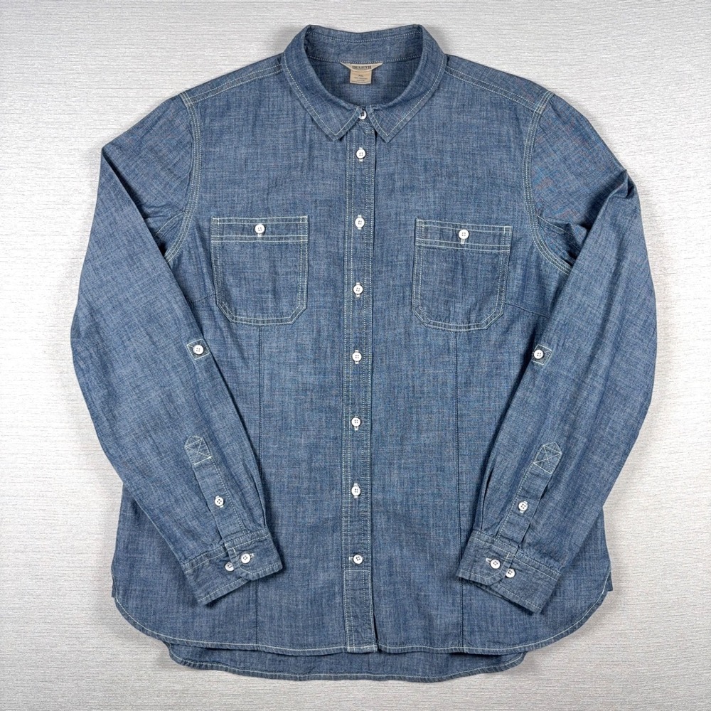 Duluth Free Range Organic Chambray Shirt Womens Size XL Blue Cotton Long Sleeve